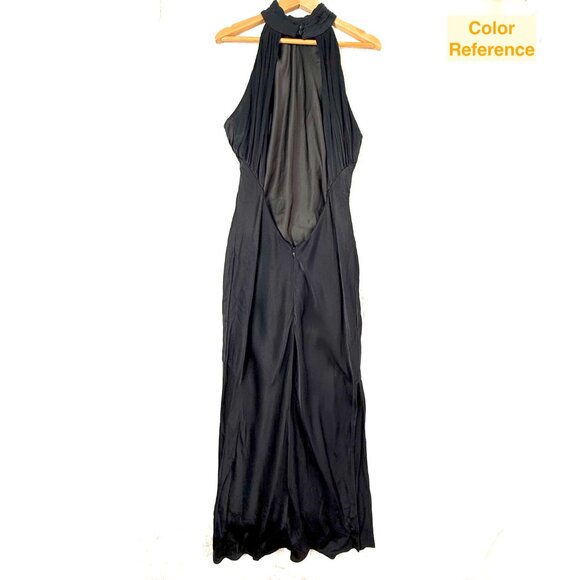 Meshki Claire Satin Drape Back Split Hem High Neck Maxi Dress Womens L Black - Picture 3 of 12